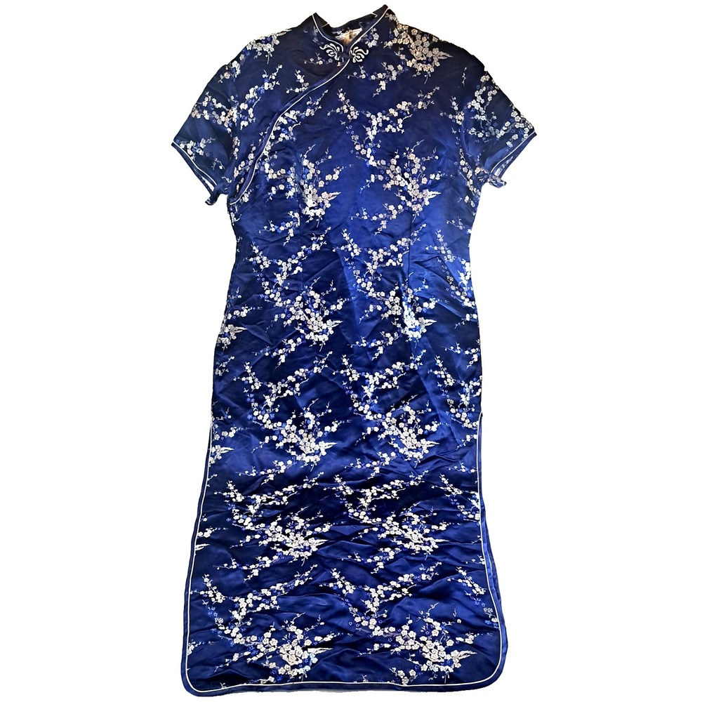 Lian Lin Chinese Floral Dress Womens 46/ M Blue w Silver Embroidered‎ Blossoms